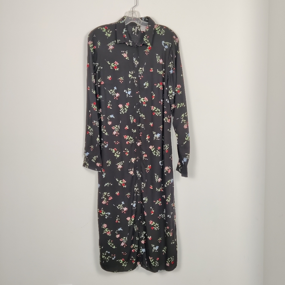 H&M Women's Midi Tunic Dress in Black Red Floral Sz Medium Bohemian Cottagecore
